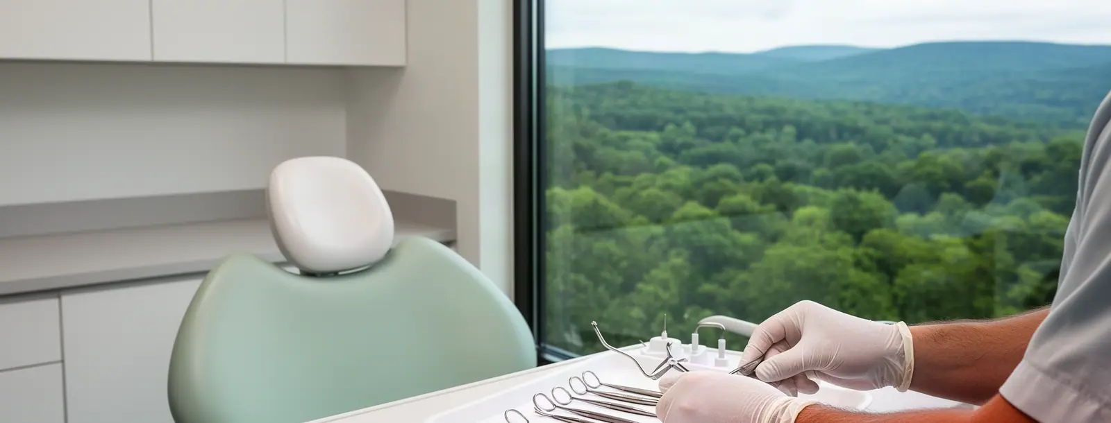 A dentist laying out stainless instruments on a tray beside an empty treatment chair in soft window light.